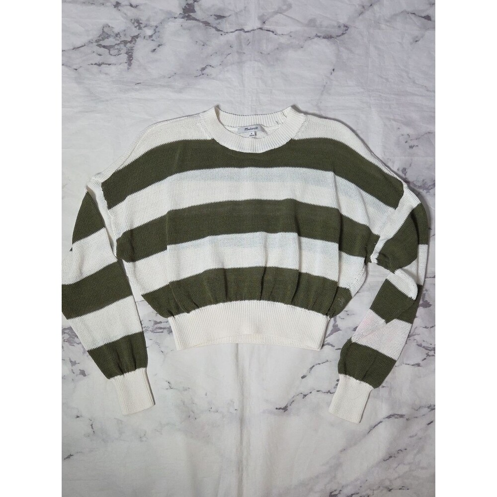 Madewell Loose Knit Crew Neck Green & White Striped Sweater